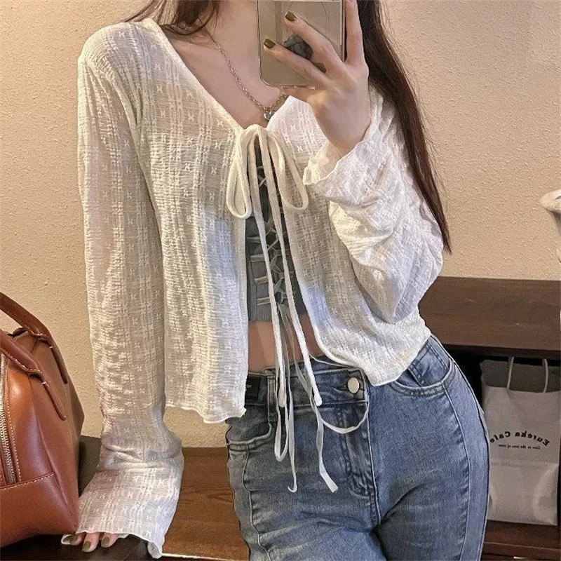 Womens Knitted Summer Top Thin Short Sleeve Bow n Korean Cardigan Fashion Casual Solid Color Sun Protection Y2k Blouse 260306