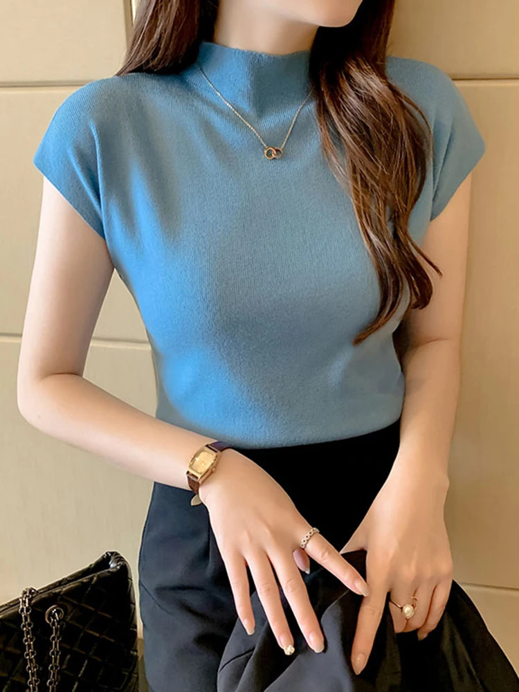 Women Summer Sexy Knitted Turtleneck Sleeveless TShirts Tops Solid Slim Fit Pullovers Causal Tees Female Streetwear Basics 260306