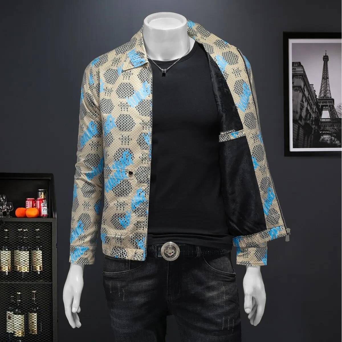 New High Quality Handsome Fashion Trend Business Elastic Cargo Lapel Jacket Korean Men's Casual Print Coat