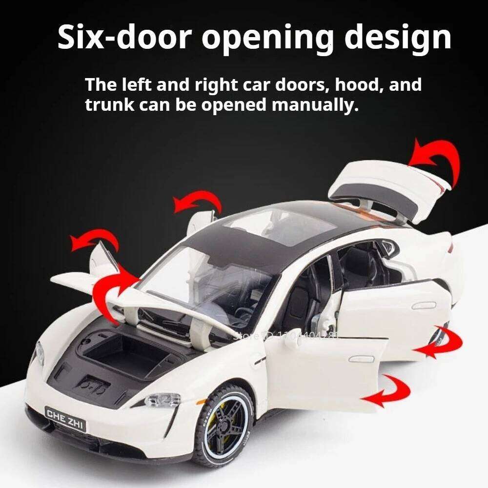 1: 32 Taycan Macan Diecast Alloy Sports Car Models Toys Sound Light Pull Back 6 Doors Opened Miniature Vehices Desktop Ornament Z260306