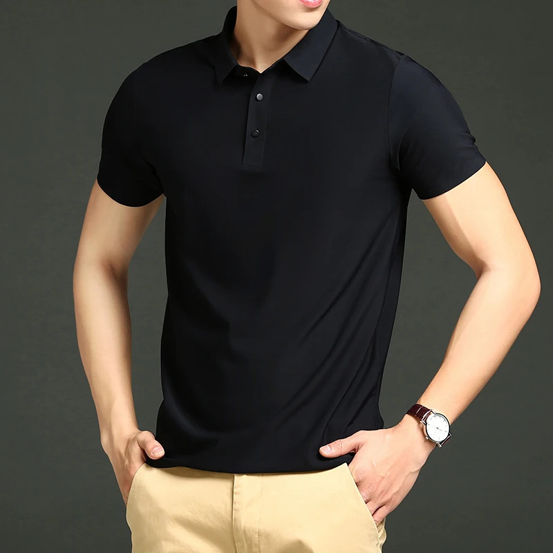 Golf Solid Ice Silk Traceless Silk Loose Polo Shirt Short Sleeve T-shirt Mens Elastic Ironless Thin Polo Neck Light 260305