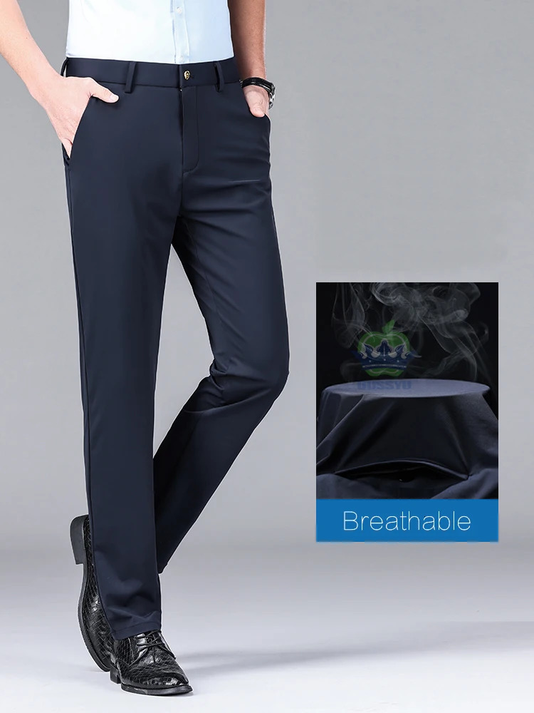 High Stretch Fabric Summer Thin Ice Silk Business Pants Men Elastic Waist Classic Work Office Formal Suit Trousers Plus Size 40 260306