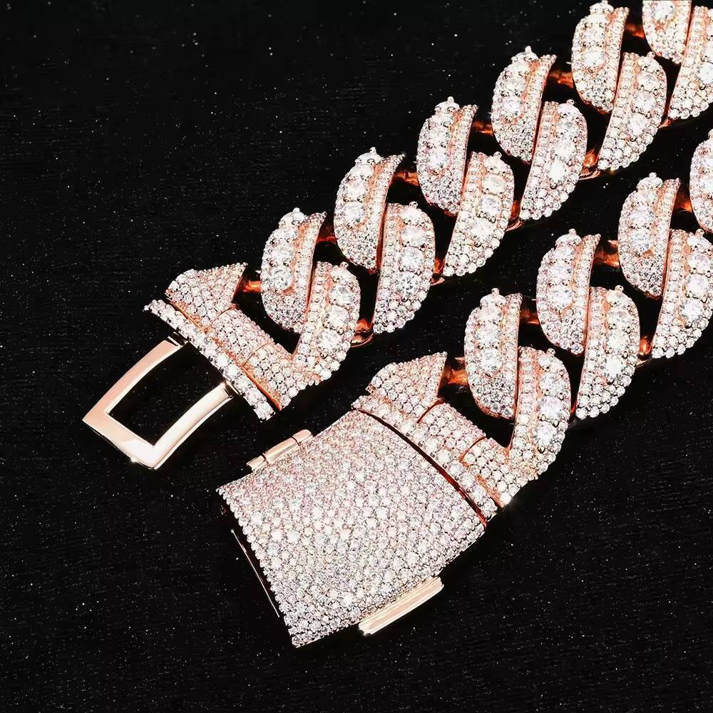 Heavy Solid Hiphop Jewelry 22mm Iced Out Moissanite 925 Sterling Silver Rose Gold Plated Raised Chain Mens Cuban Chain