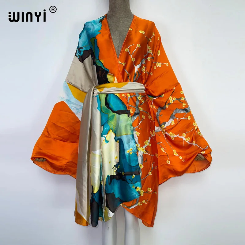 WINYI Summer Beach Wear Swim Suit Cover kaftan sweet lady boho Cardigan stitch Self Belted sexy Holiday long Sleeve Kimono 260228