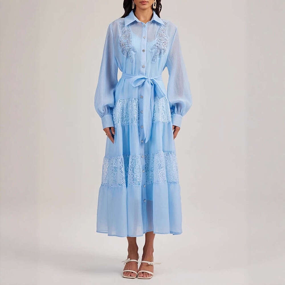 2026 Spring and Autumn Women's European and American Minority Ladies' Style Bead Embroidery Lace Splicing Loose Long Shirt Dress