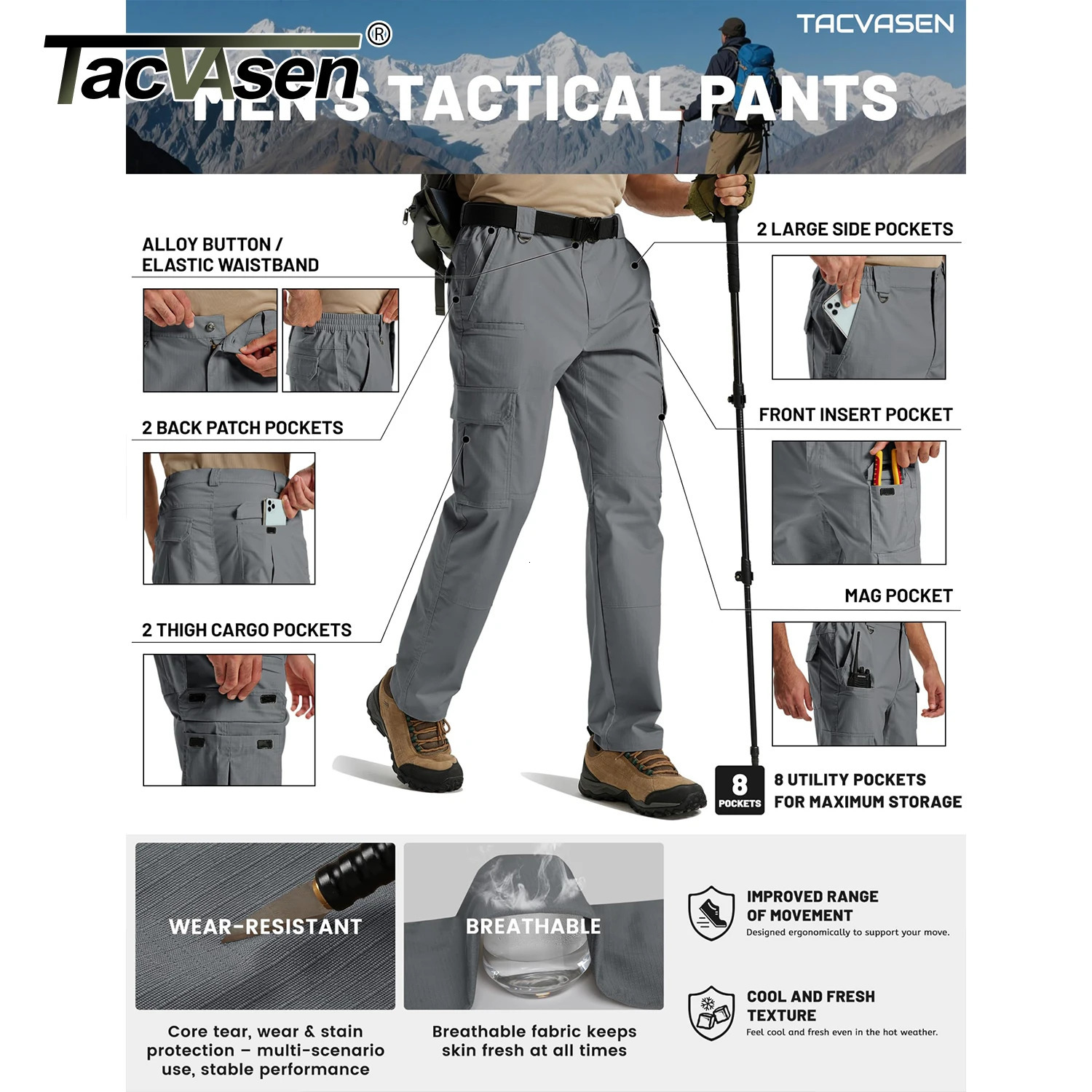 TACVASEN Mens Cargo Work Pants Hiking Tactical Waterproof Trousers Ripstop Breathable Stretch Pants with 8 PocketsNo Belt 260305