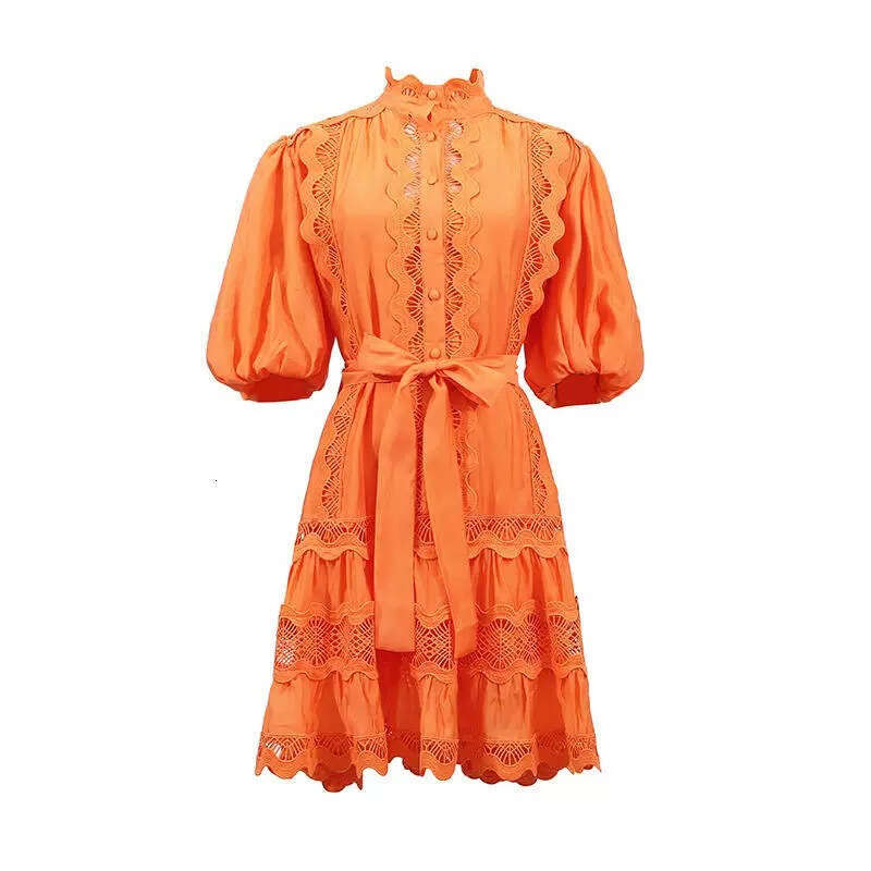 2026 Spring and Autumn Season European and American Minority a2 Ladies Elegant Design Lace Bordered Lantern Sleeves Solid Color Loose Tie Skirt