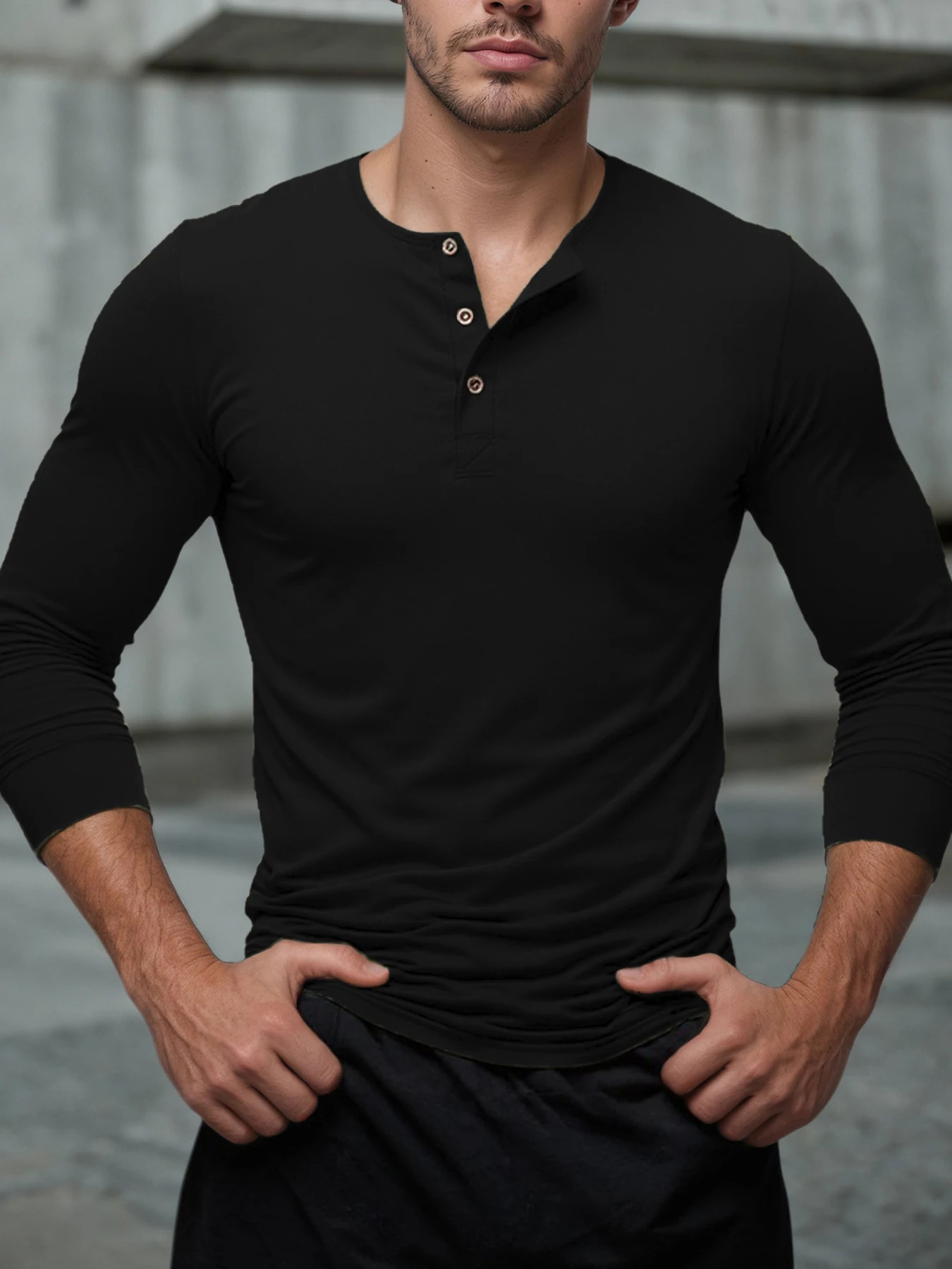 Autumn Henley Collar T Shirt Men Casual Long Sleeve Pullover Solid Color Crew Neck Basic Sweatshirts Top Fashion Slim 260302
