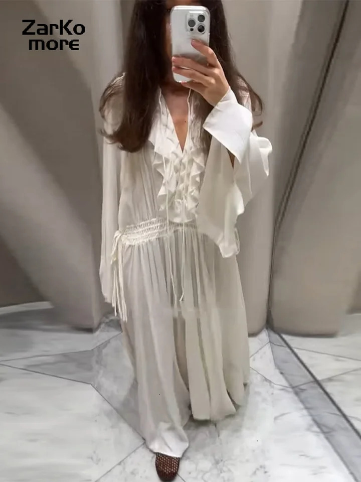 Boho White Long Dress Women Ruffle V-neck Full Flare Sleeves Loose Dresses Female Spring Summer Lady Beach Vacation Robes 260306