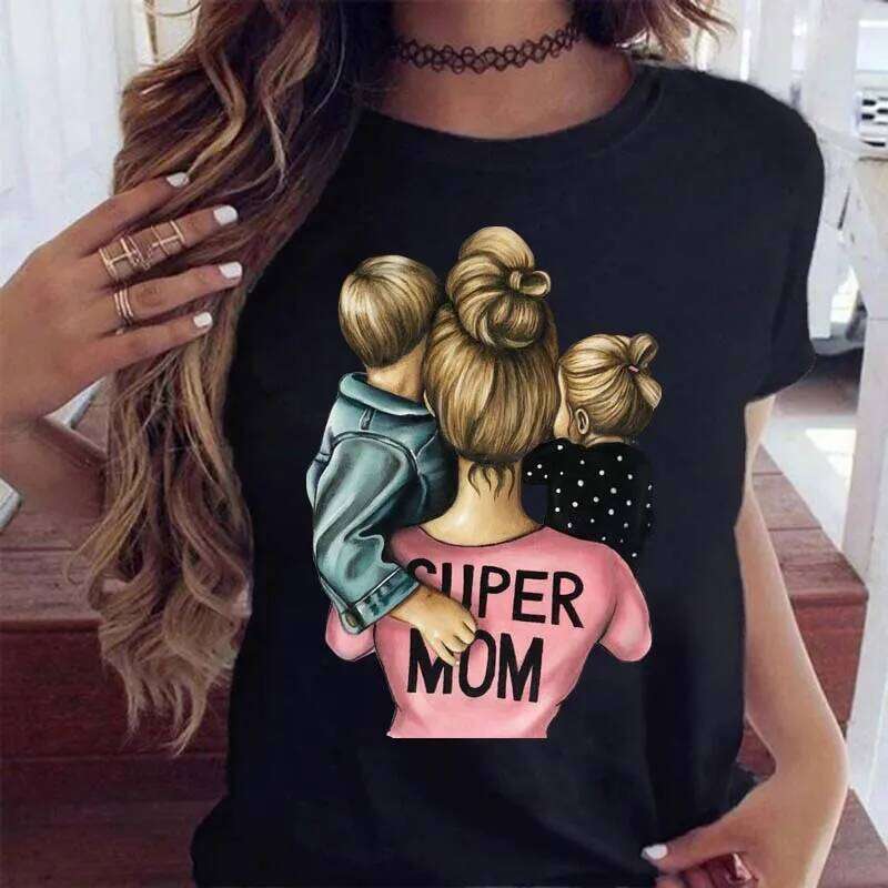 Maycaur Women Cartoon Mom Boy Girl Print Mother Lady T-shirts Casual Top T Shirt Ladies Womens Graphic Female Tee T-Shirt XJ260306