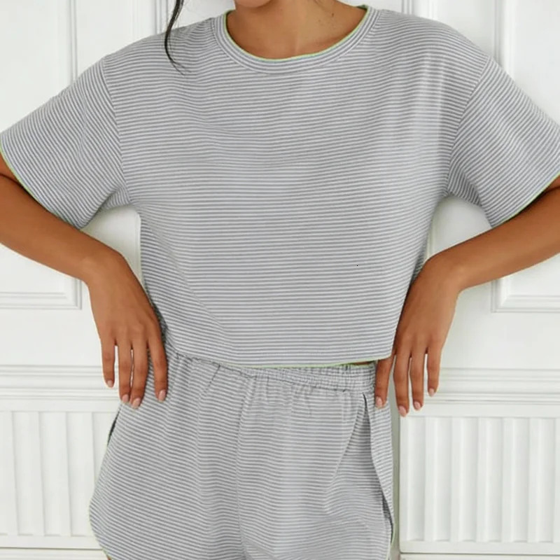 Casual Solid Stripe Top Short Sets 2 Pieces For Women O Neck Sleeve Crop Pullover Elastic Stretchy Shorts Lady Outfits 260306