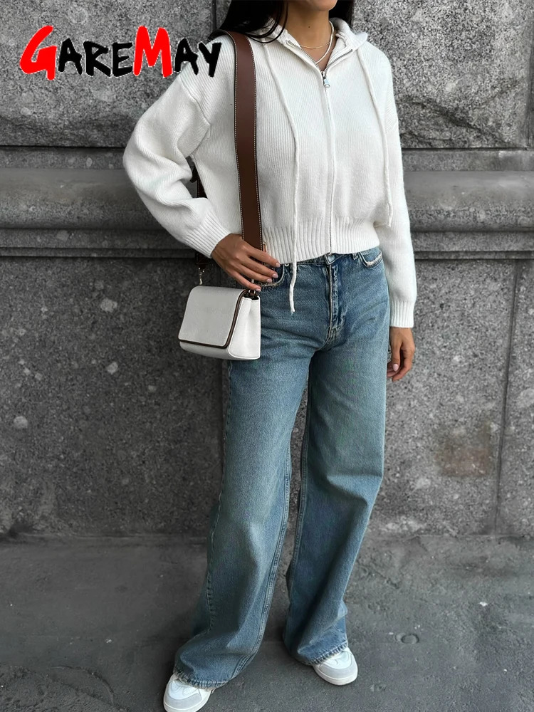 Autumn Knitted Womens Short Cardigan with Zipper Gray Winter Sweater Casual Cute Vintage White Cardigan for Women with Hood 260305