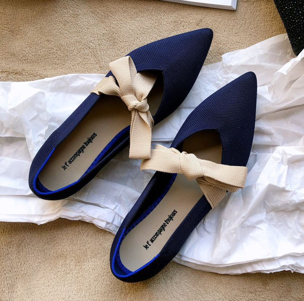 Dress Shoes Fly weaving bowknot pointy toe ballet shoes women cozy flats pregnant shoes breath mixed color shallow knitted ballerina zapatos 230403