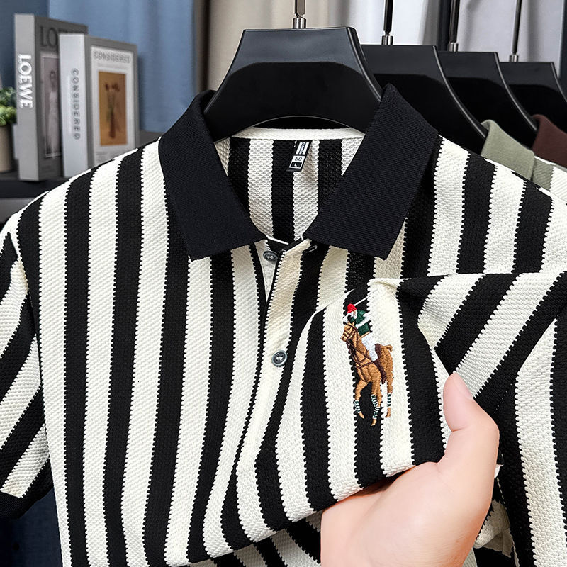Luxury Brand Designer Clothes Q02 Summer Men's Short-Sleeve Light Luxury T-Shirt Striped Polo Shirt Loose Fit Business Top Men's Clothing