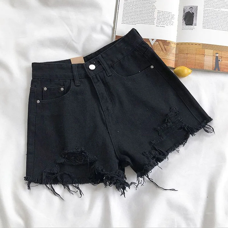 Lucyever Summer Denim Shorts Women Korean Fashion Ripped Holes High Waist Short Jeans Female Casual Street Wide Leg Short Pants 260306