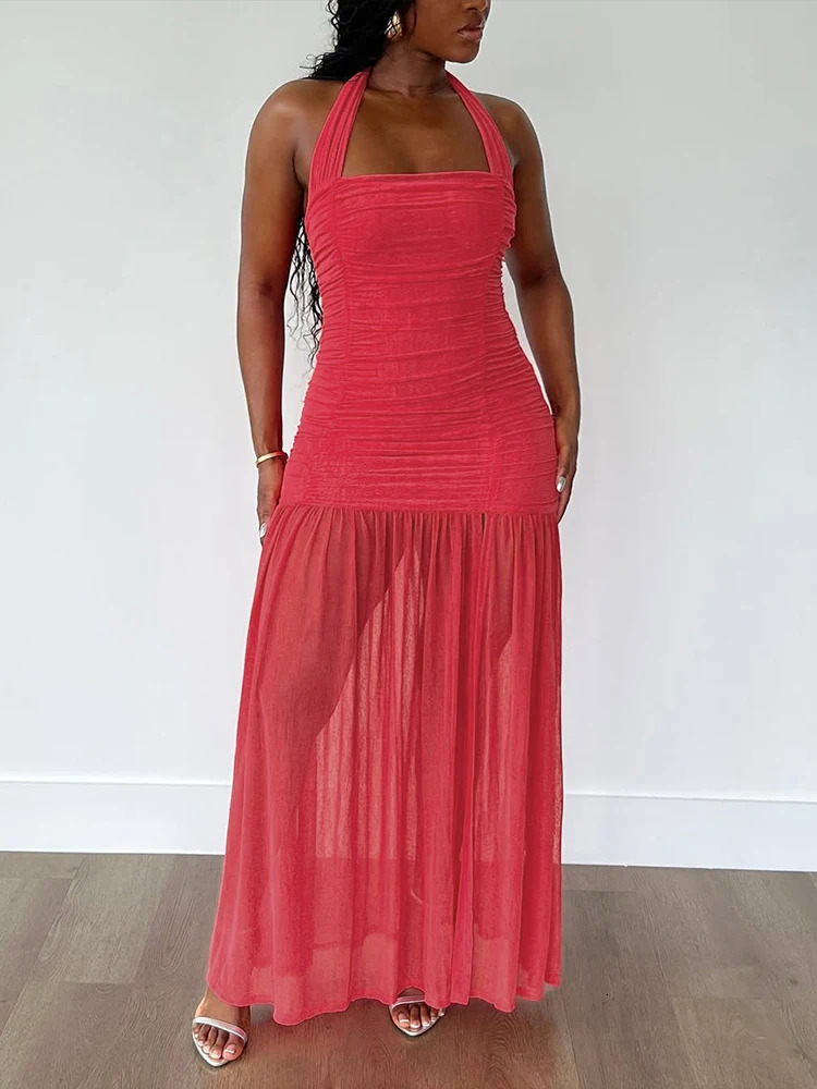Nibber See Through Hem Dress Women Ruched Halter Summer Trend Sleeveless Backless Patchwork Midnight Clubwear Party Maxi Bodycon 260306