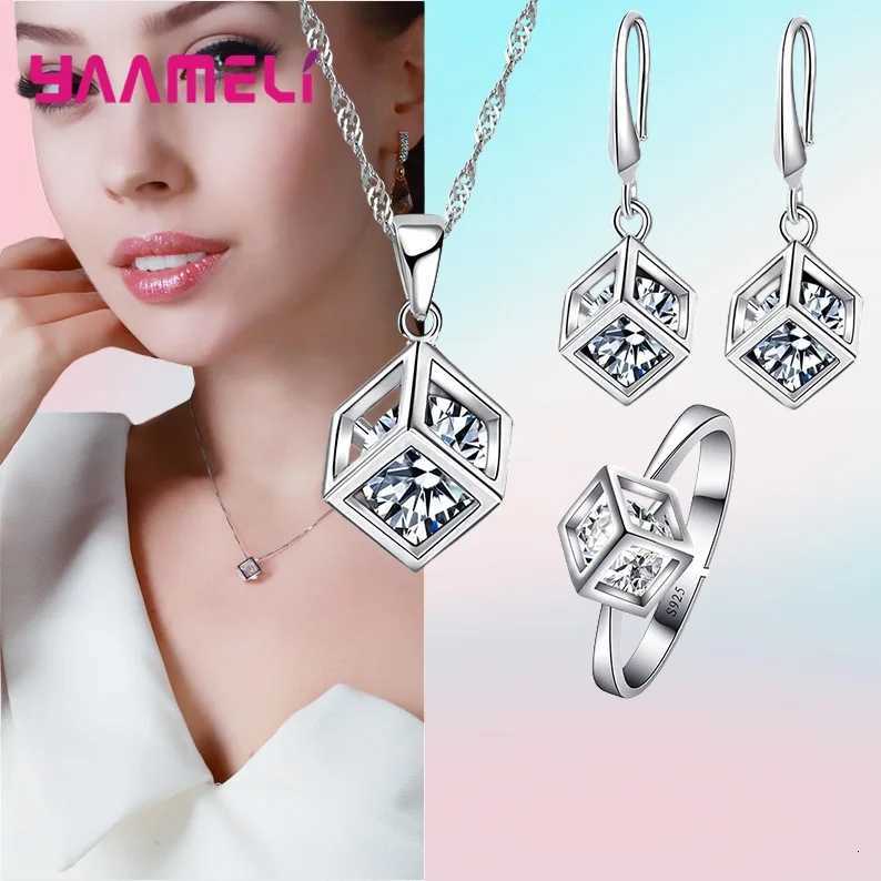 Top Sale Real Pure 925 Sterling Silver Jewelry Gift Set Cube Cubic Zircon Necklace/Earrings/Ring for Wedding Engagement H260307 - view 3