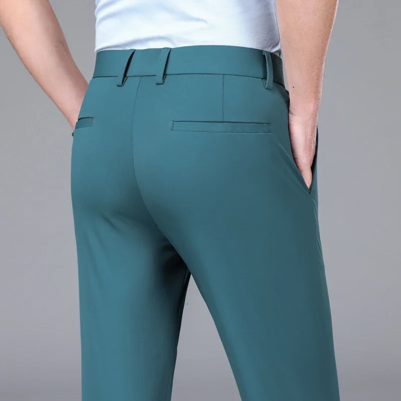 Summer Mens Ice Silk High Stretch Business Suit Pants Male Army Green Blue Elastic Formal Office Straight Formal Trousers 260306