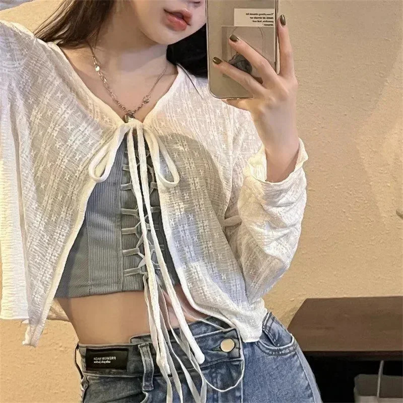 Womens Knitted Summer Top Thin Short Sleeve Bow n Korean Cardigan Fashion Casual Solid Color Sun Protection Y2k Blouse 260306