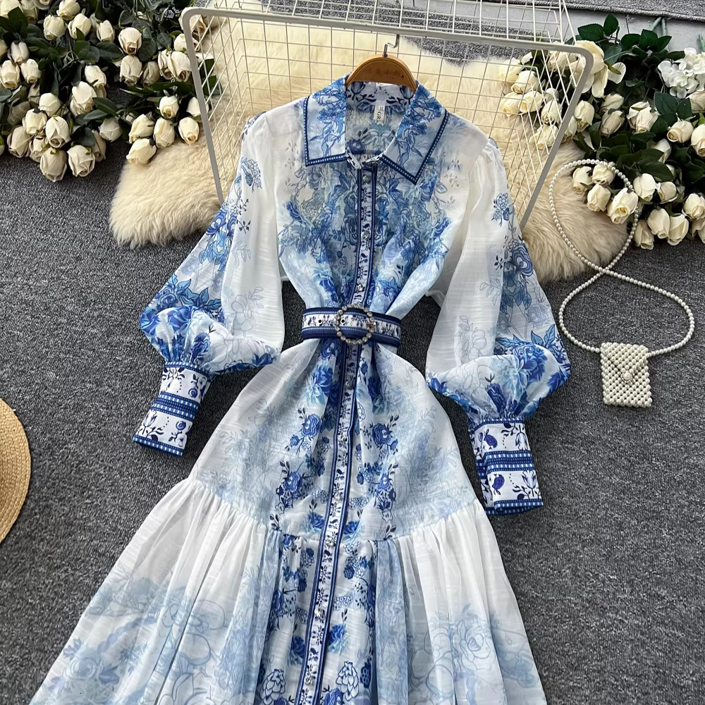 Palace-style Blue And White Porcelain Print Dress For Women Spring Long-sleeve Waist-cinching Slimming A-line Long Dress Elegant And Classy