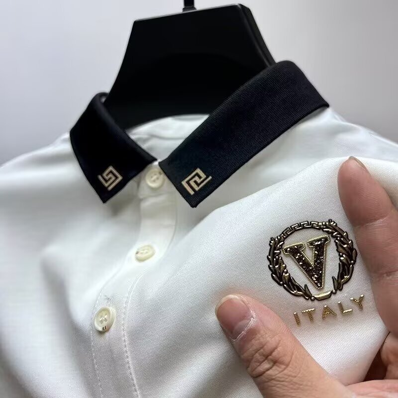 Luxury Brand Designer Clothes Men's Ice Silk Polo Shirt With Collar, 2025 Summer New Style, Men's Short-Sleeve Trendy Slim-Fit Top
