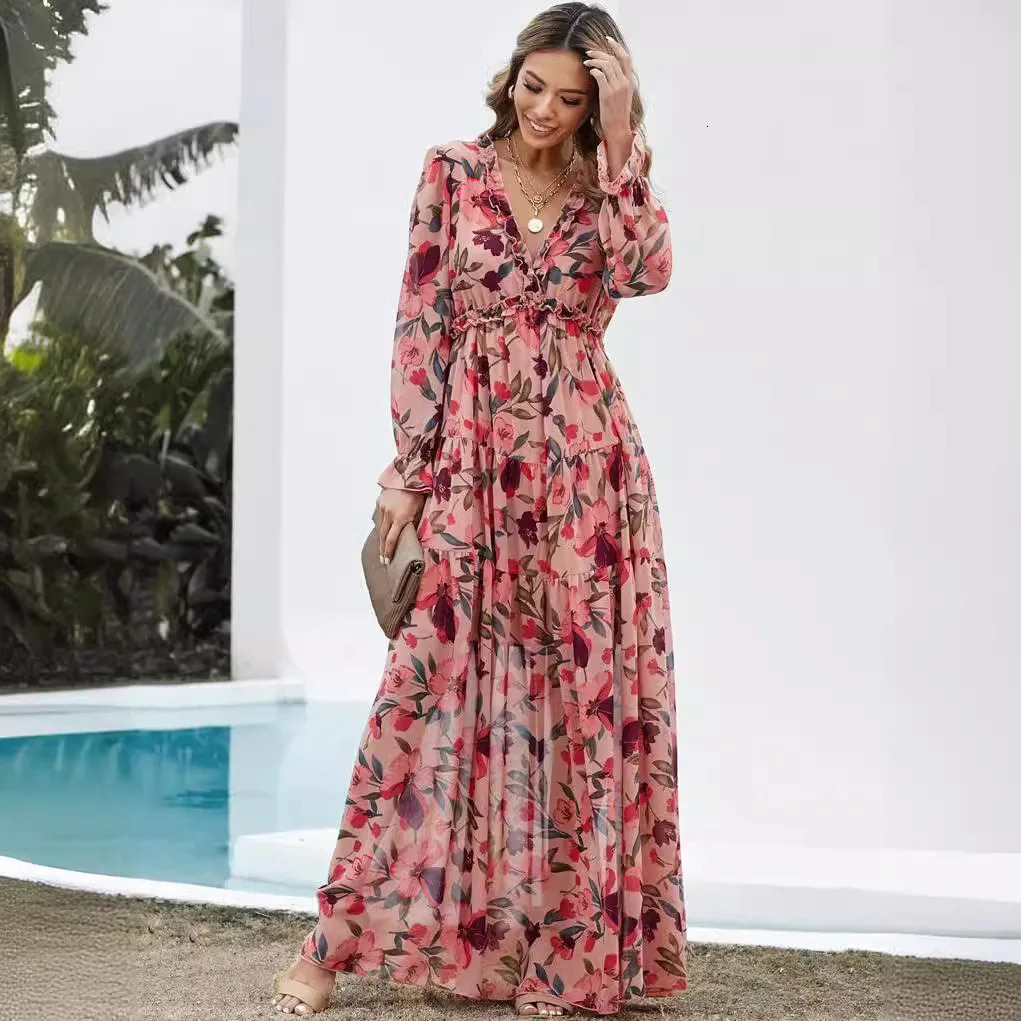 Elegant Floral Print Women Dress Spring Summer Casual Ruffle Layered Long Sleeved Chiffon A Line Maxi Party Vestidos 260306