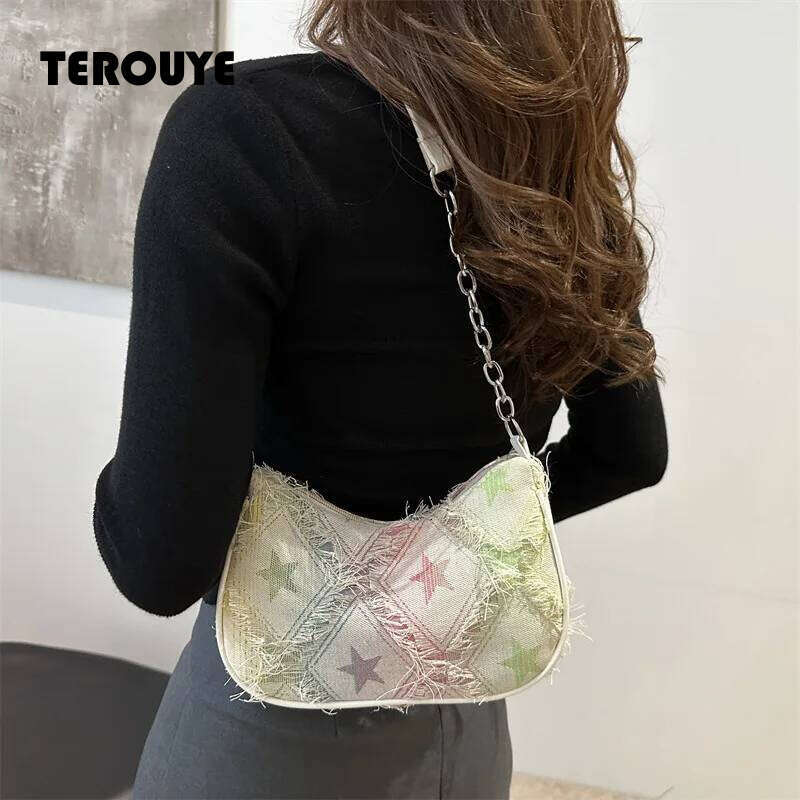Women's Tote With Star Pattern Blue Distressed Golden-Tone Hardware Stylish Handbag Shoulder Bag For Everyday Use TEROUYE