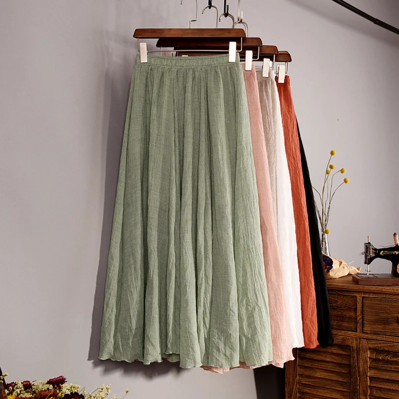 Vintage Solid Pleated Long Skirts Cotton Linen Maxi Skirt for Women Summer Elastic Waist Girls Boho Beach Skirt A-Line Skirt 260306