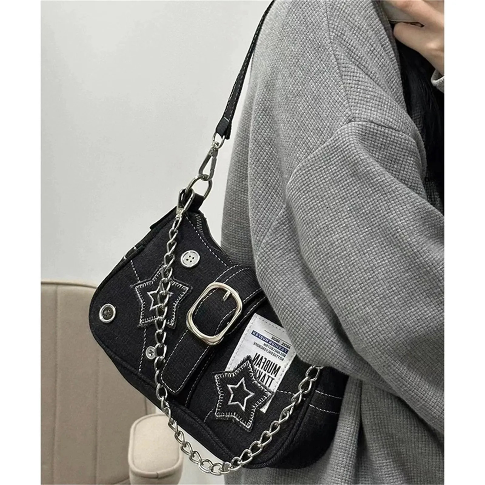 Y2k Fashion WomenS Handbags Stars Pattern Cool Girls Underarm Bag Fashion Canvas Female Small Shoulder Bags Chain Tote Purses 260303