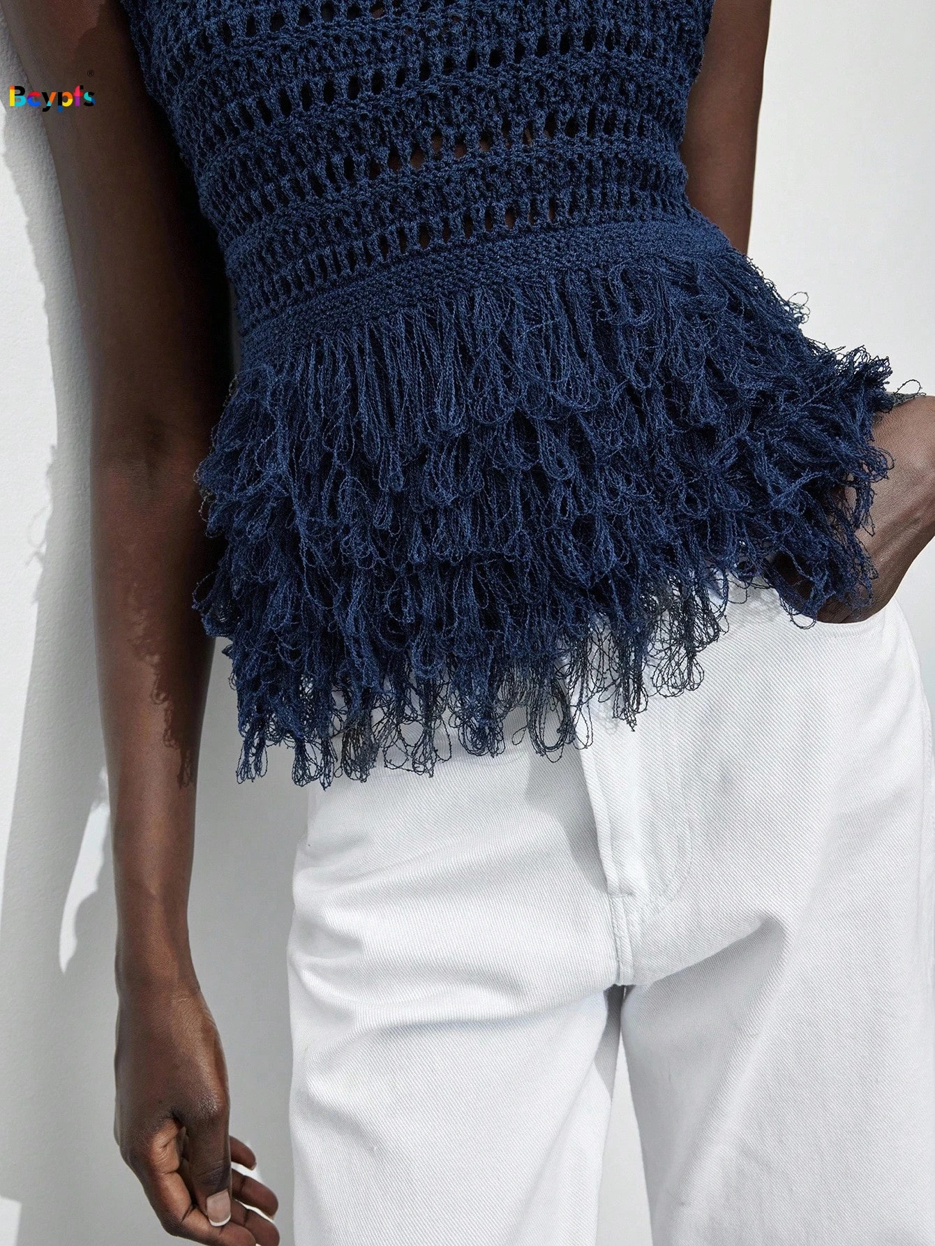 Trendy Women Navy Blue Sleeveless Crochet Top Hollow Out Fringe Peplum Hem Blouse Summer Vacation Daily Wear 260306