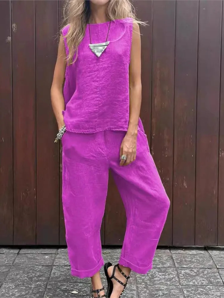 Summer Cotton And Linen Casual Outfits Female Fashion Solid Color Two-piece Set For Women Sleeveless Top Trousers Womens Suit 260304
