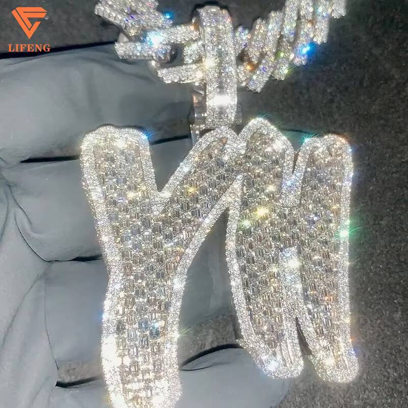 Top Quality Custom Hand Setting Vvs Baguette Moissanite Pendant Mens Iced Out Hip Hop Letter Charm Pendant