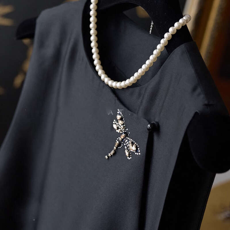 Mardi Hefxessdr Chinese Style Black Vest Cardigan Women Dragonfly Beading Vest Jacket Summer High End O-neck Tank Tops Versatile