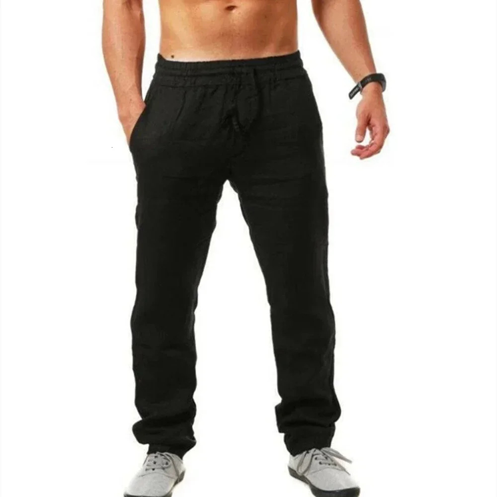 Mens Cotton Linen Pants Linen Breathable Elastic Waist Pants Breathable Casual Jogging Fitness Trousers Summer Sports Sweatpant 260304