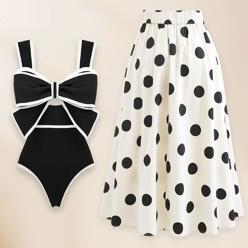FLAXMAKER 3D Black and White Bowtie Decor One Piece Swimsuit Skirt Summer Swimwear Women Beachwear 260306