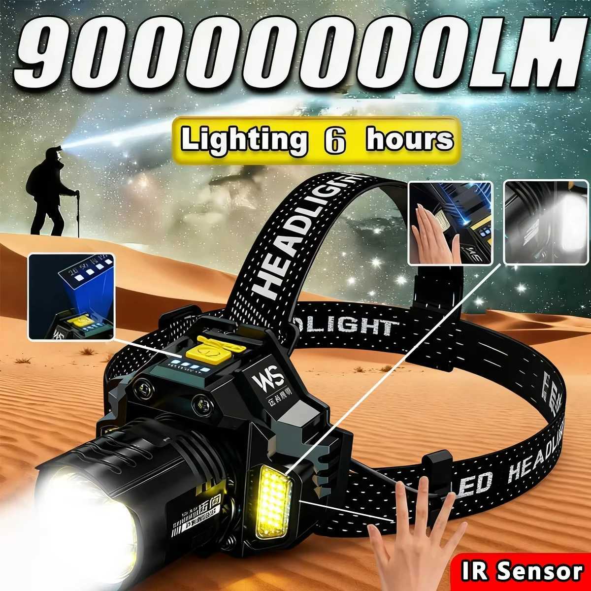 Motion Sensor LED Headlamp 18650 Rechargeable High Power COB Head Flashlight Adjustable Brightness Anti-Slip Headband for Night H260307