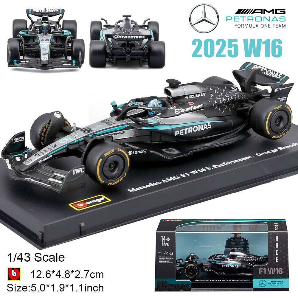 Bburago 1:43 F1 2025 Mercedes-AMG W16 63#George Russell 12#Andrea Kimi Antonelli Alloy Car Die Cast Model Toy with acrylic box Z260307