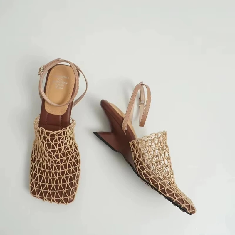 Summer Sandals Womens Lace Mesh Square Toe Shallow Narrow Strap Braided Slip-on High Heels Sandals 260306