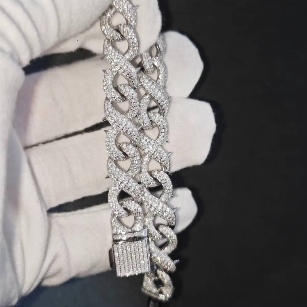 10mm Hip Hop Factory Direct Pass Diamond Tester Hip Hop 925 Silver Spiked Infinity Link Cuban Chain Bracelet Moissanite Necklace