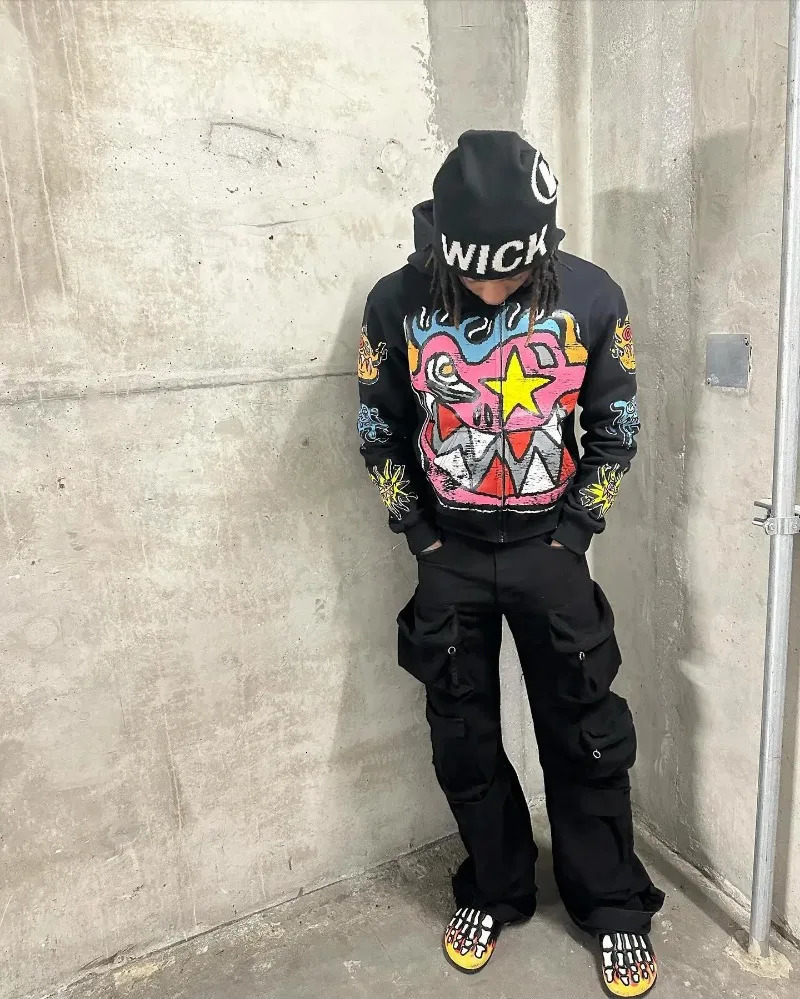 American Gothic trendy letter pattern printed oversized hoodie mens Y2K fashion Harajuku all-match loose zipper sweatshirt 260304