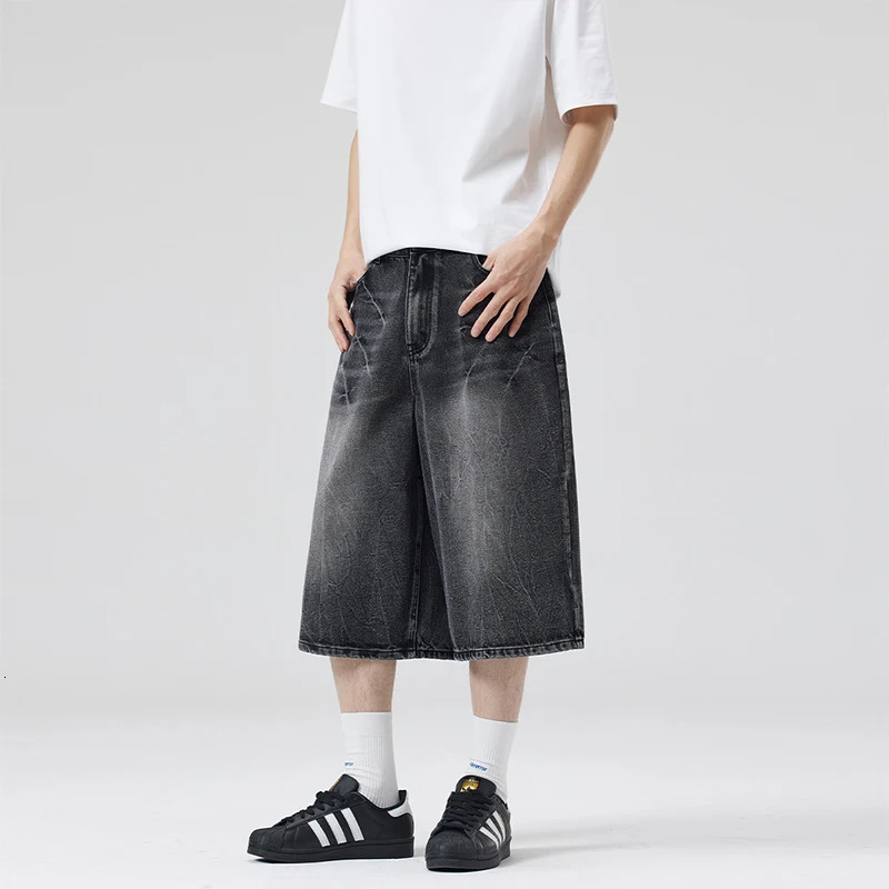 Summer American Lightning Crack Black Grey Jeans Mens Straight Tube Loose Wide Leg Shorts Y2k Street Hip Hop Sevens 260306