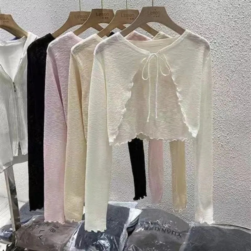 Summer Women Thin Sunscreen Cardigan Laceup Knitwear Tops Female Korean Style Lantern Sleeve Short Coat Casual Sun Protected 260306