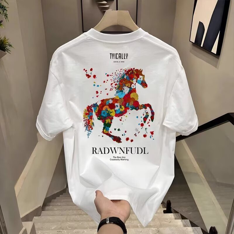 Luxury Brand Designer Clothes This Year's New Trendy Brand European Style Black Slim Fit Crew Neck Short Sleeve T-Shirt Men's Colorful Horse