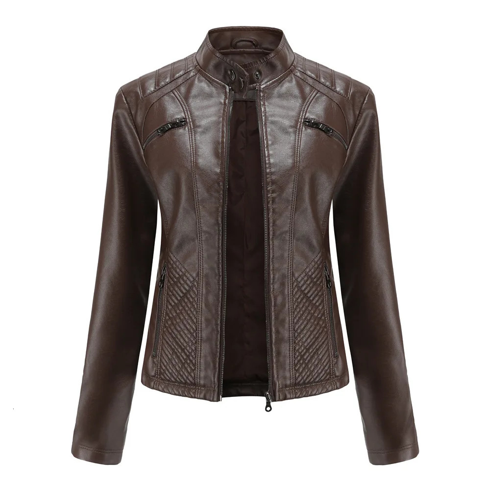 Spring Casual Women Leather Jacket Stand Collar Slim Fit Short PU Leather Coat Solid Classic Female Outerwear 260306