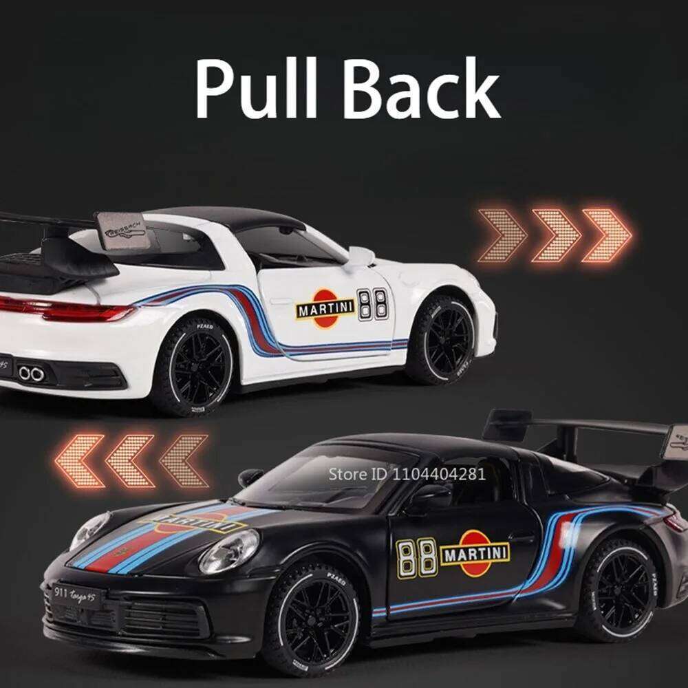 1:32 911 Martini GT3 RS Diecast Alloy Model Toys Sports Car Doors Opened Light Music Pull Back Miniature Cars Toddler Kids Gifts Z260306