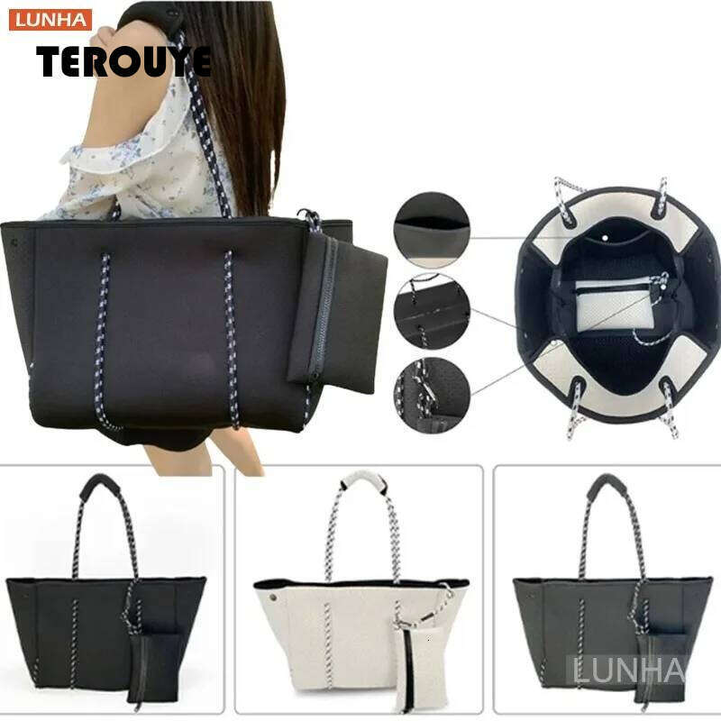 Women's Neoprene Tote Large Capacity Beach Sports Fitness Zipper Bag Summer Travel Handbag Shoulder Bags Waterproof TEROUYE