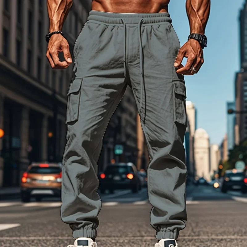 2026 mens casual multi-pocket trousers male closed-placket tethered cotton and linen straight-leg leggings Men Mens 260305