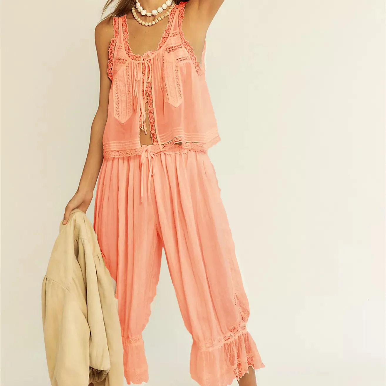 Womens Boho Vintage 2 Piece Pants Outfit Summer Casual Sleeveless Tie Front Lace Trim Tank Tops Drawstring Sets 260306