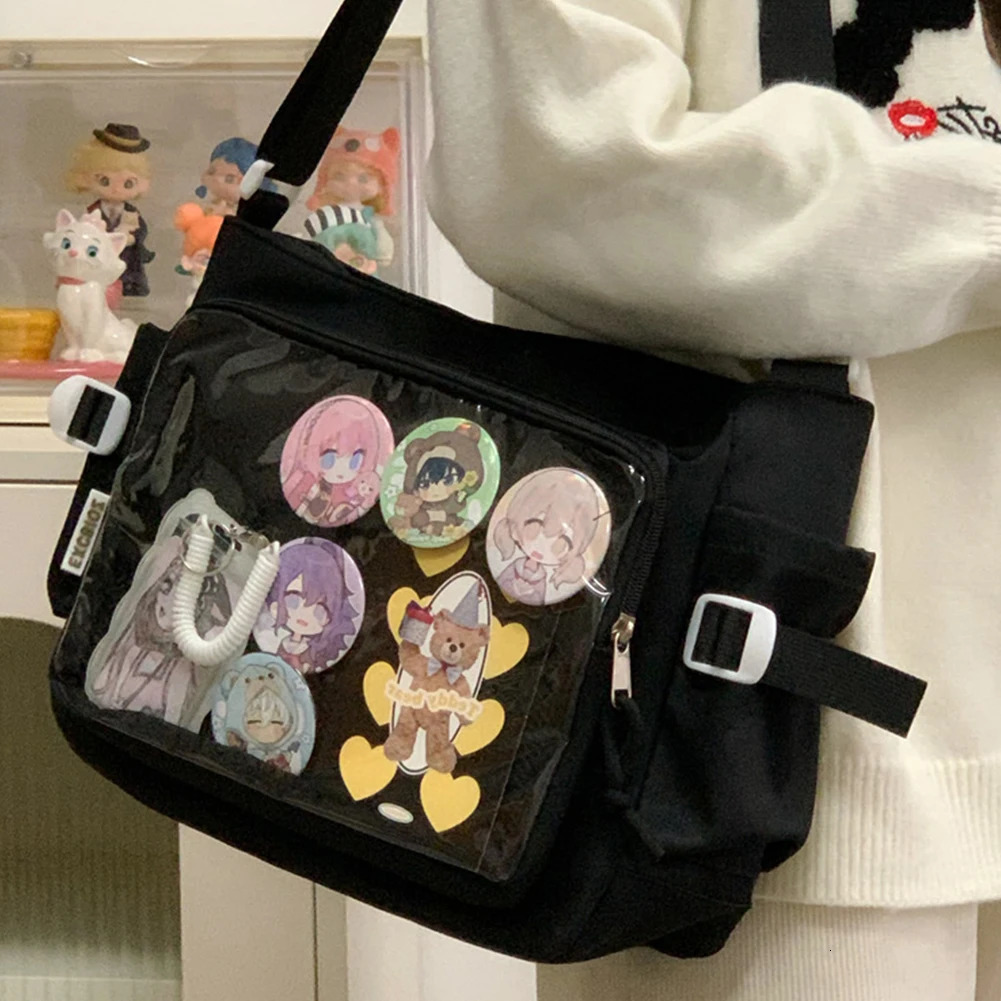 Women Ita Bag Japanese Style Shoulder Purse with Clear Window Cartoon Book Bag Multi-pockets Adjustable Strap Trendy Outdoor Bag 260306