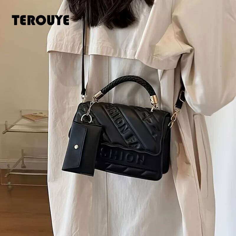 1Pc Trendy Quilted Handbag Adjustable Strap Stylish Black Shoulder For Women With Mini Coin Pouch Crossbody Purse TEROUYE